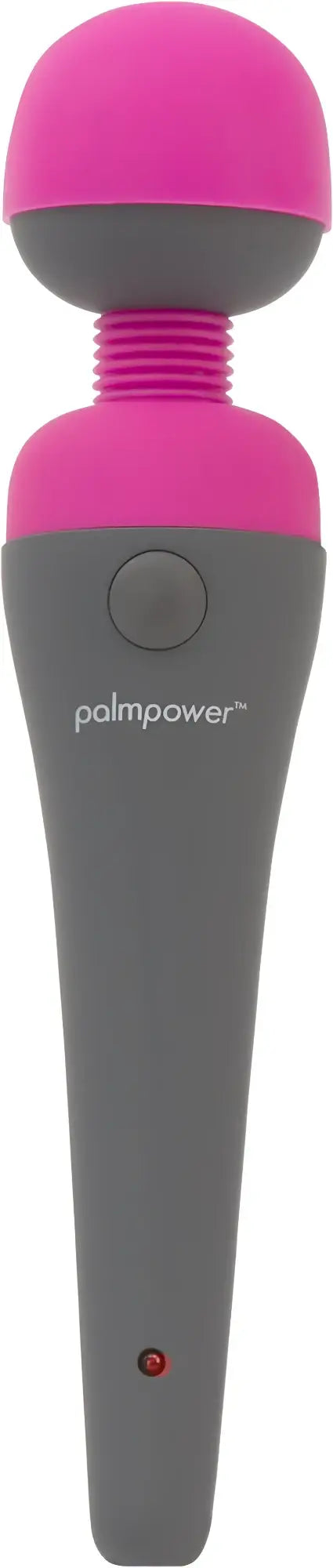 Pink and gray PalmPower massage wand with rounded head, textured grip, and button control for effective muscle relief