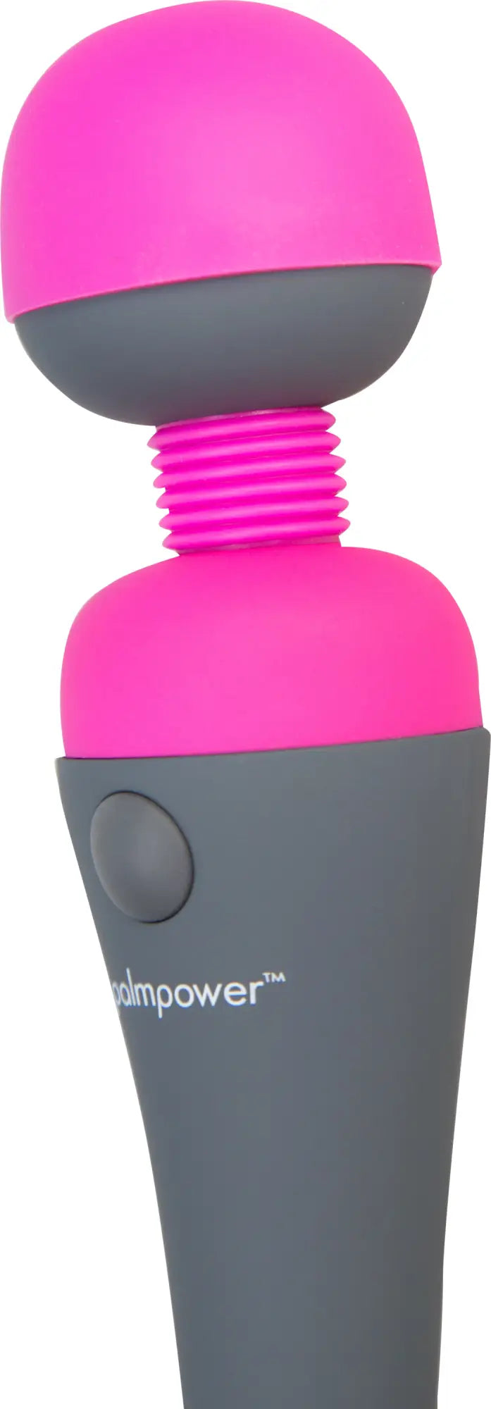 Pink and gray silicone-handled palmPower massage wand vibrator with textured grip branded soulpower