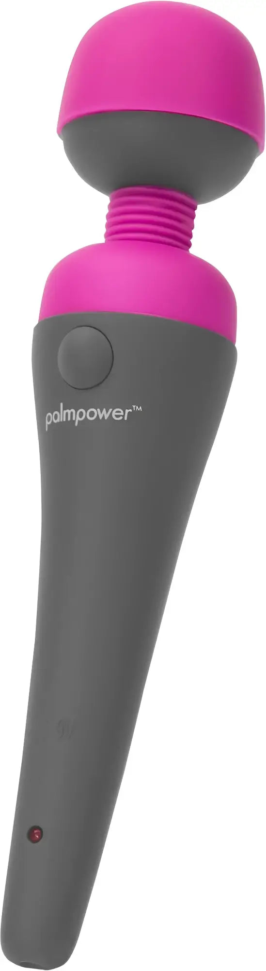 Pink and gray palmpower palm power massage wand style vibrator with rounded head for targeted massage