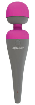Pink and gray PalmPower massage wand pink with rounded head textured grip and sleek tapered handle