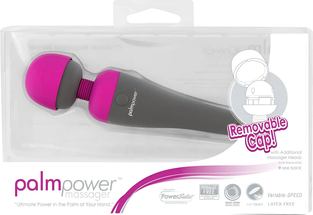 PalmPower palm power massage wand in vibrant pink and dark gray with removable cap for interchangeable heads