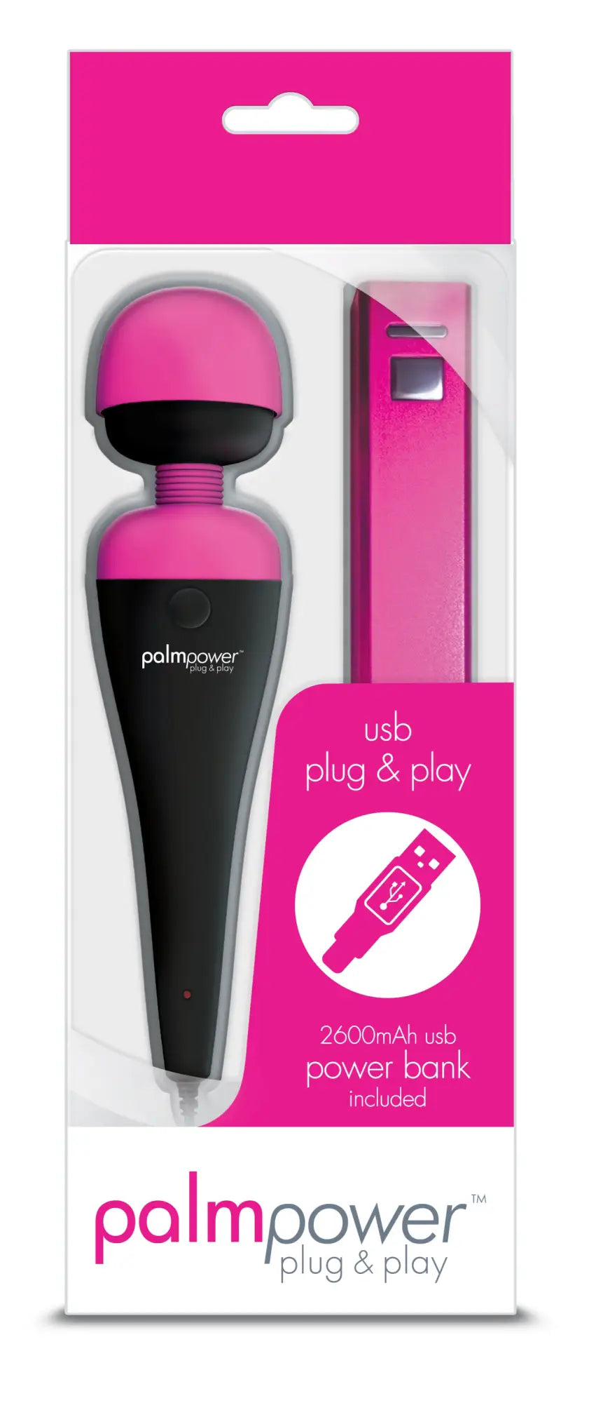 Pink and black palmpower massage wand plug and play with usb power bank included for portable use