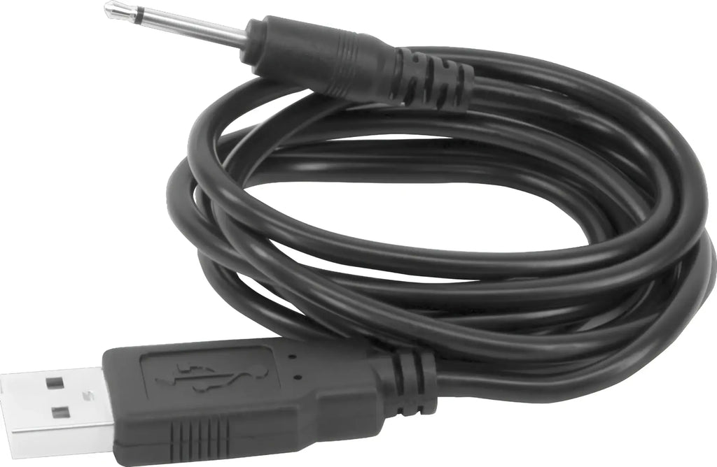 Black usb to 3.5mm audio cable with matte plastic housing and metallic connector ends for palm power massage wand recharge waterproof