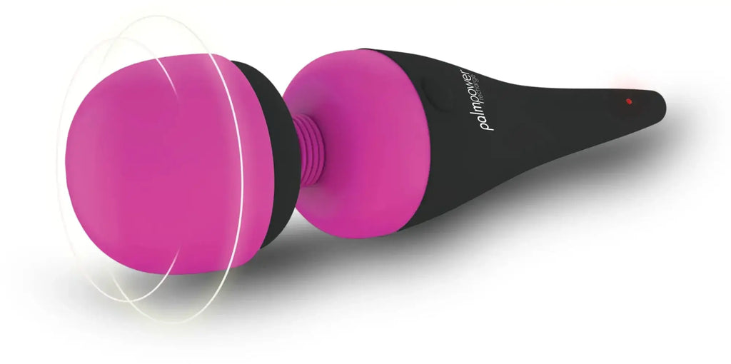 Pink and black palmpower massage wand with rounded head and textured grip for waterproof rechargeable use