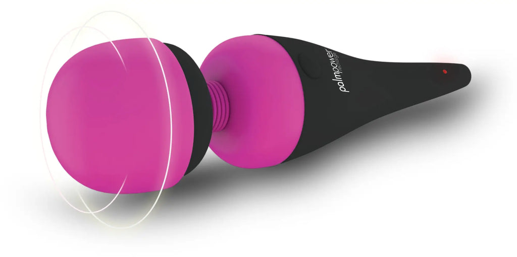 Pink and black palmpower massage wand with rounded head and textured grip for waterproof rechargeable use
