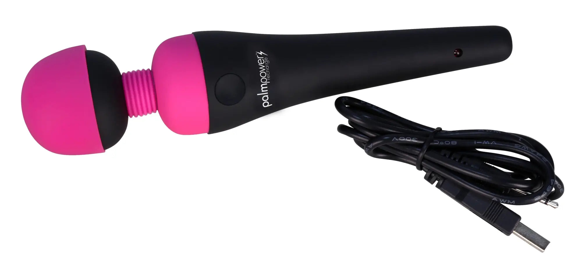 Pink and black palmPower massage wand with textured grip silicone head and usb charging cable shown from the back side