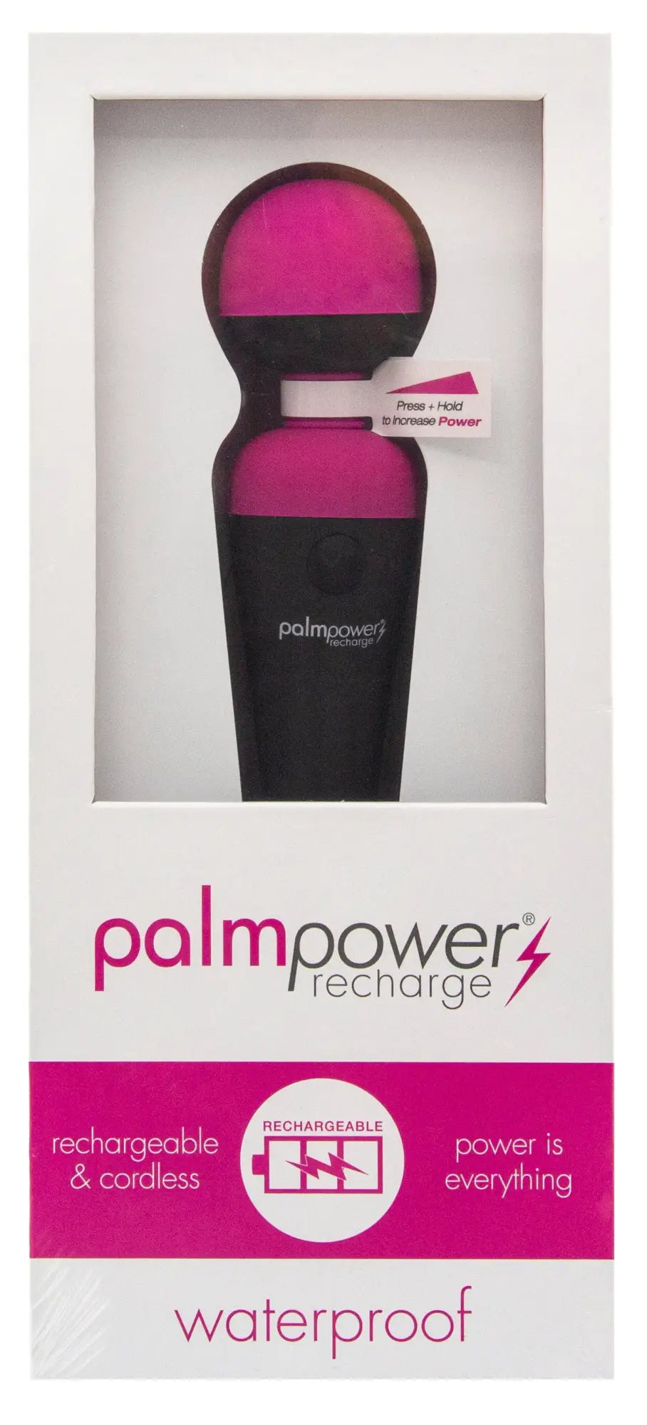 Pink and black PalmPower massage wand rechargeable waterproof personal massager in clear retail packaging