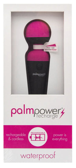 Pink and black PalmPower massage wand rechargeable waterproof personal massager in clear retail packaging