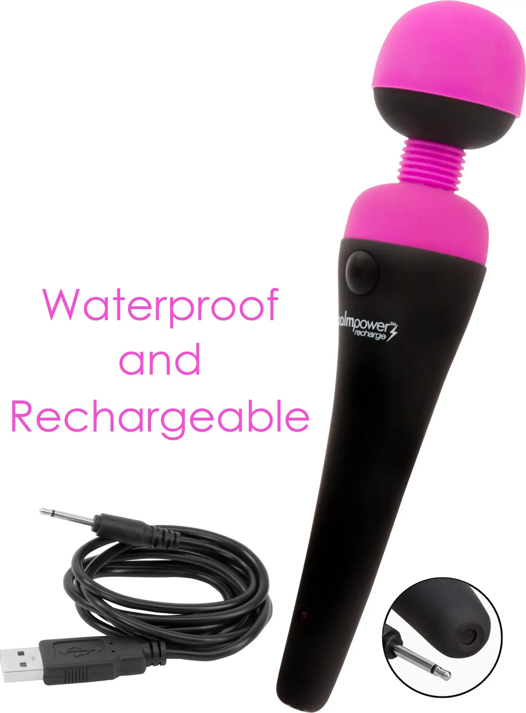 Pink and black silicone palmpower massage wand with textured grip and mpower recharge branding for waterproof use