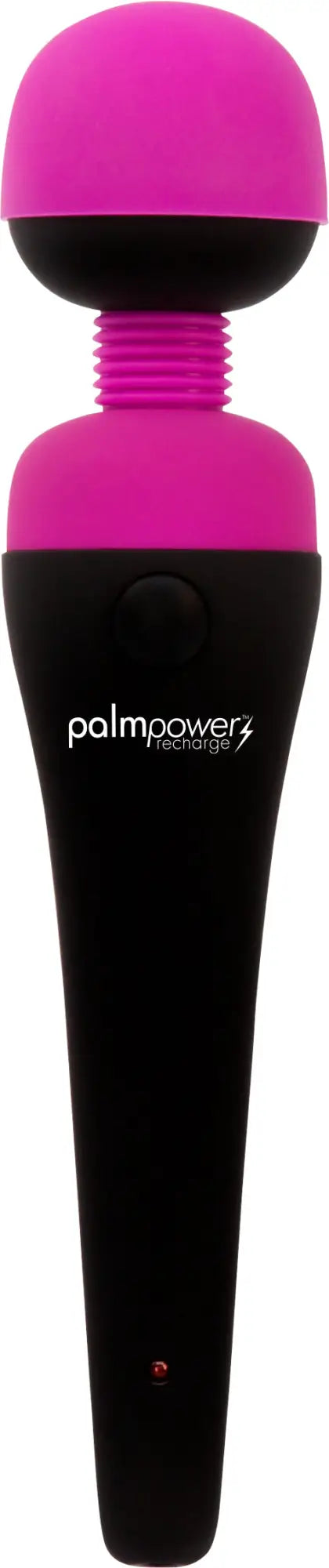 Pink and black palmpower massage wand with rounded head textured grip and led indicator light rechargeable waterproof