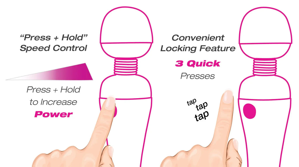 Pink silicone palmpower massage wand with speed control locking feature and waterproof rechargeable design