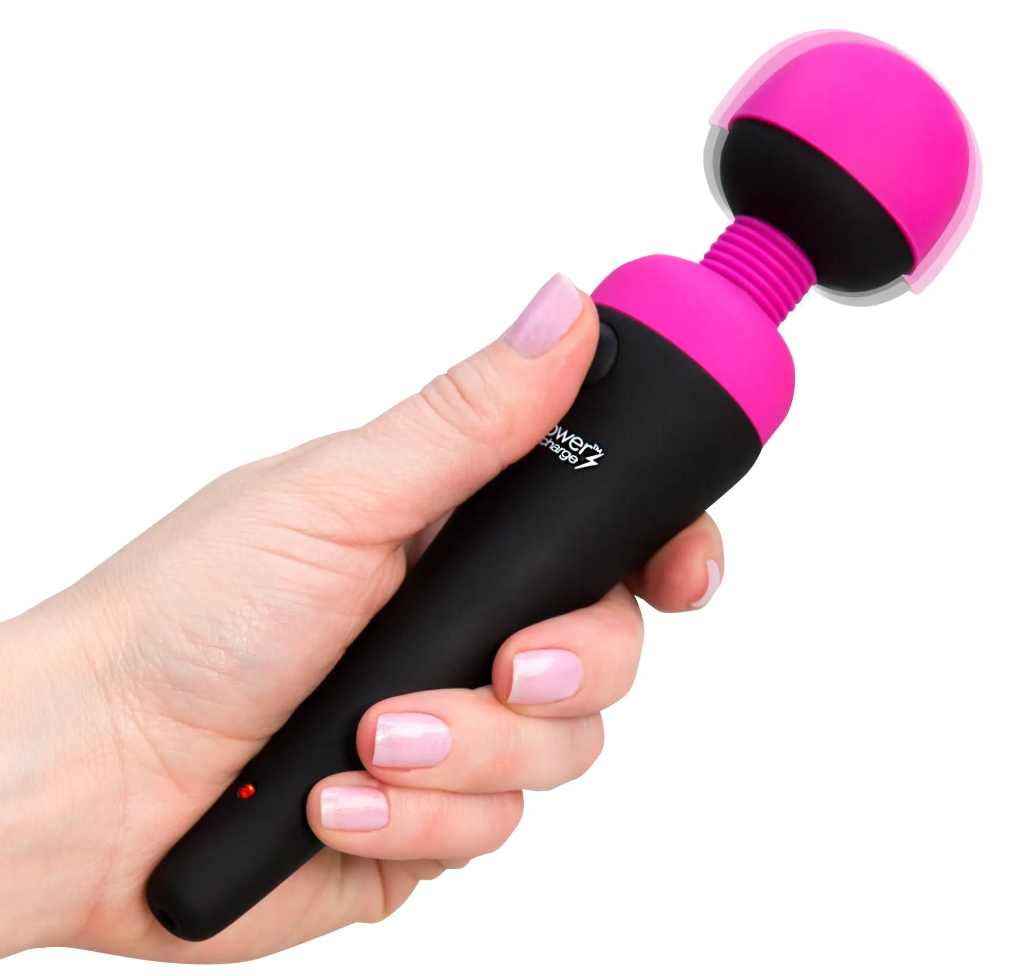 A vibrant pink and black PalmPower powercore z wand massager with smooth ergonomic grip rechargeable and waterproof