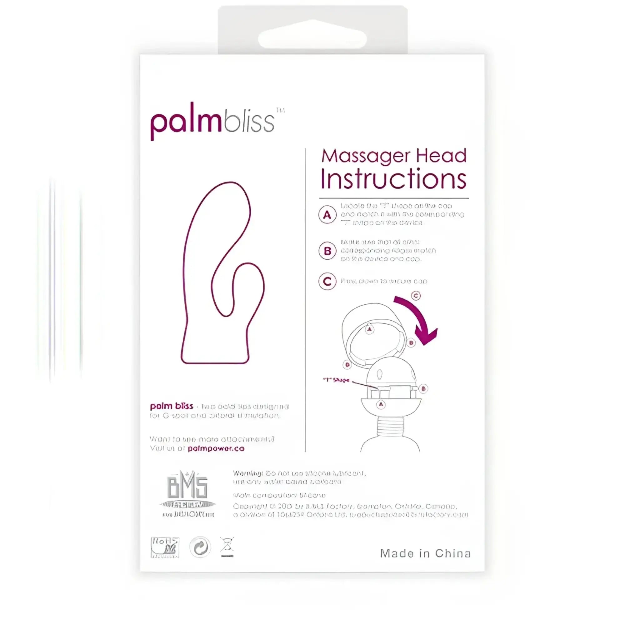 PalmPower PalmBliss massager head in white packaging with purple line art instructions for use with PalmPower device