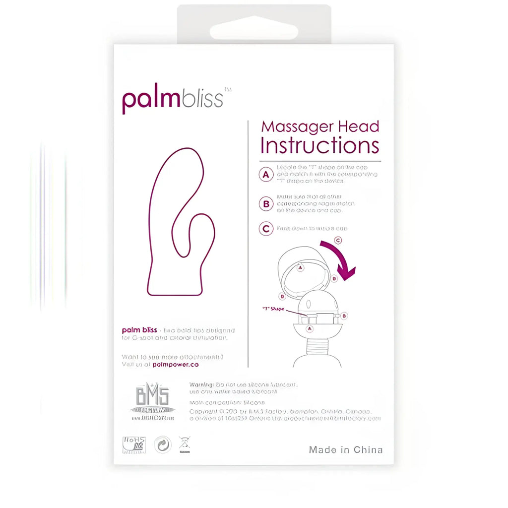 PalmPower PalmBliss massager head in white packaging with purple line art instructions for use with PalmPower device
