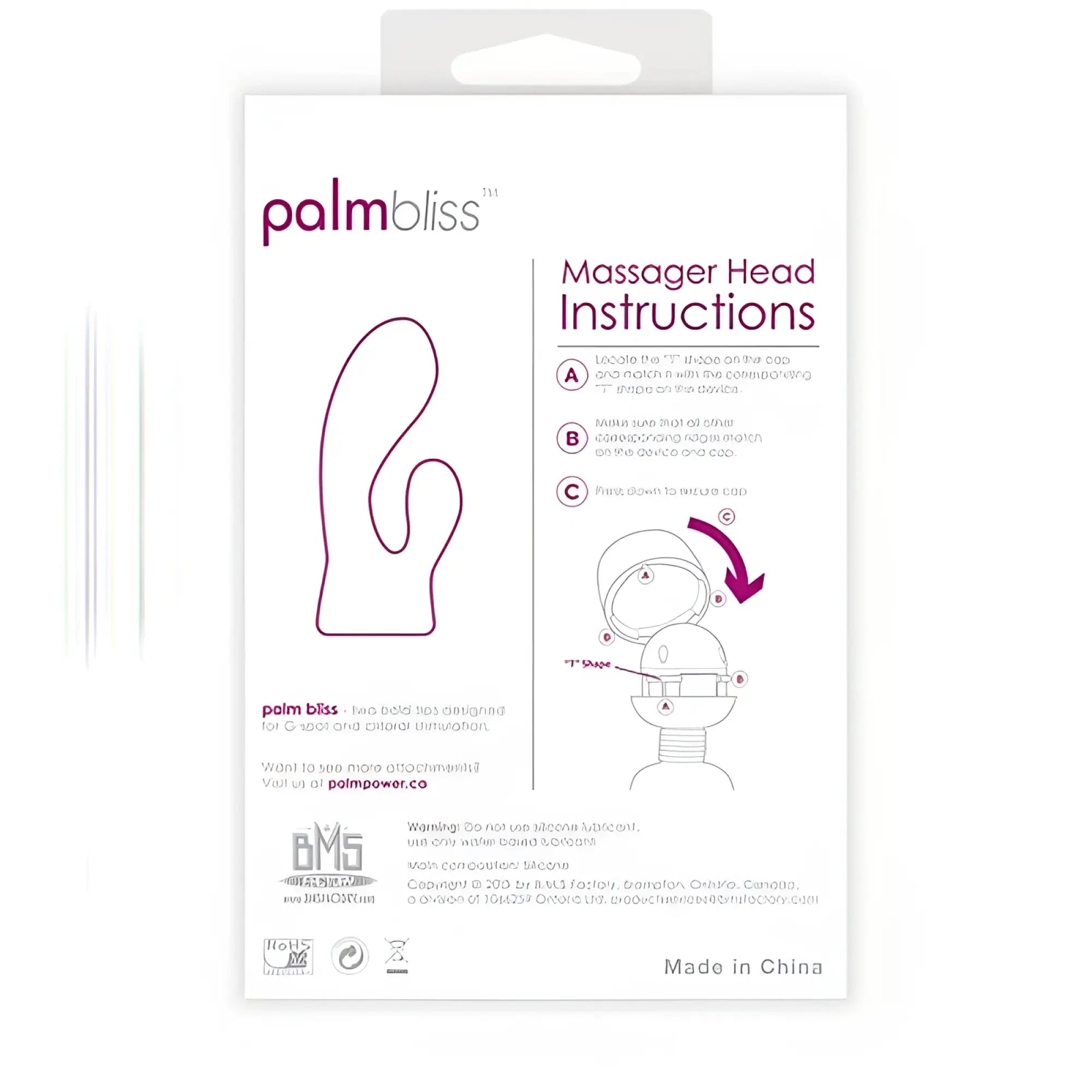 PalmPower PalmBliss massager head in white packaging with purple line art instructions for use with PalmPower device