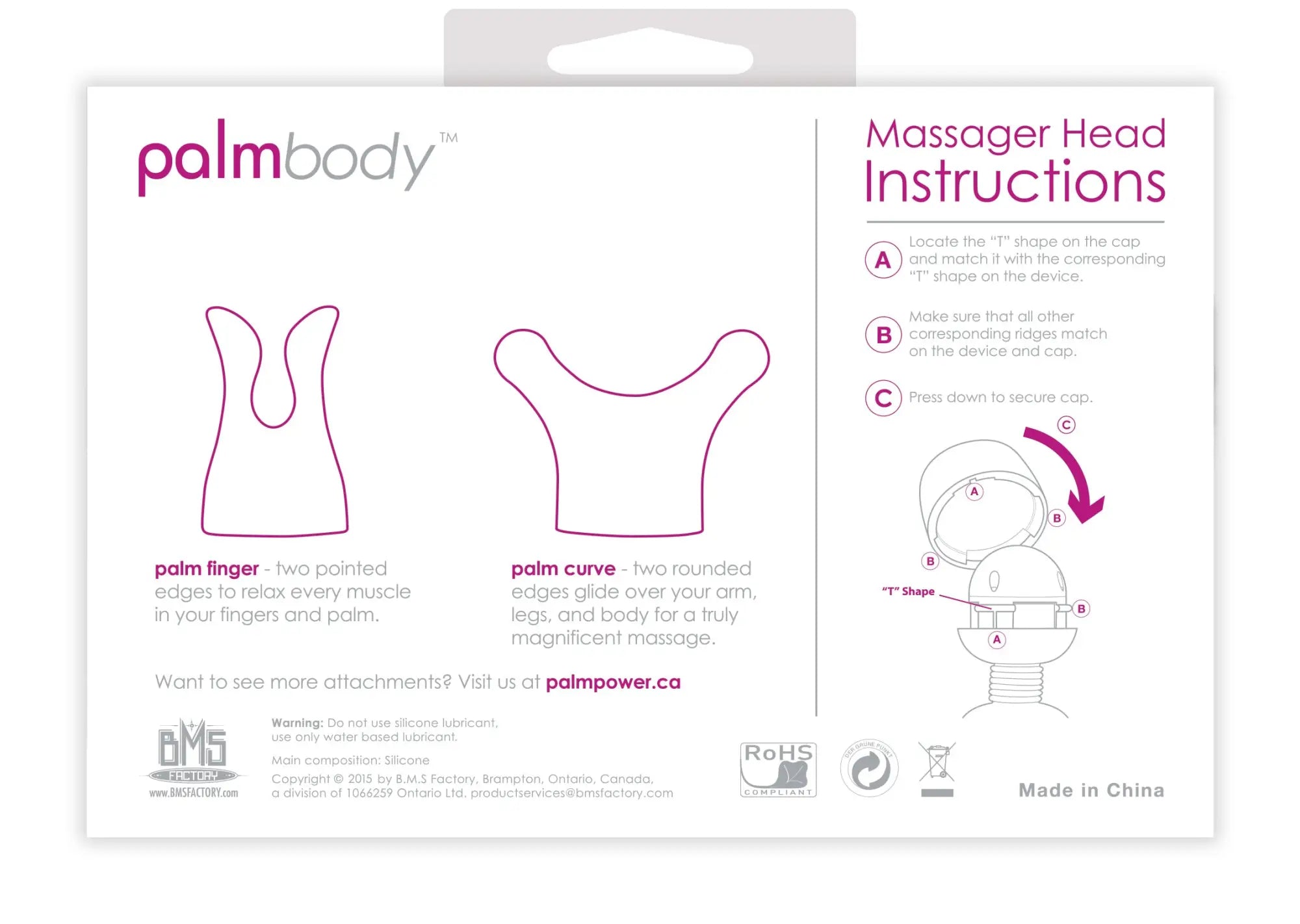 PalmPower PalmBody massager heads with silicone construction and two attachment designs for finger or arm massage