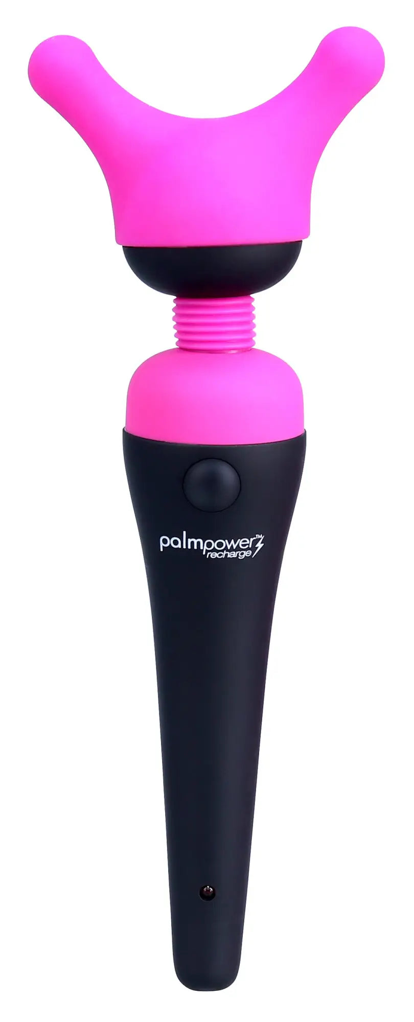 Pink and black palmpower rechargeable wand with a curved ergonomic head for palmbody massager heads use
