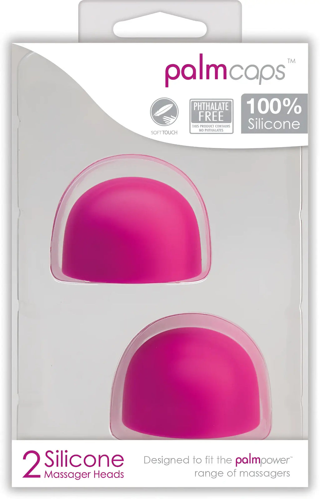 Bright pink silicone palm massager caps in clear plastic package for use with PalmPower PalmCaps