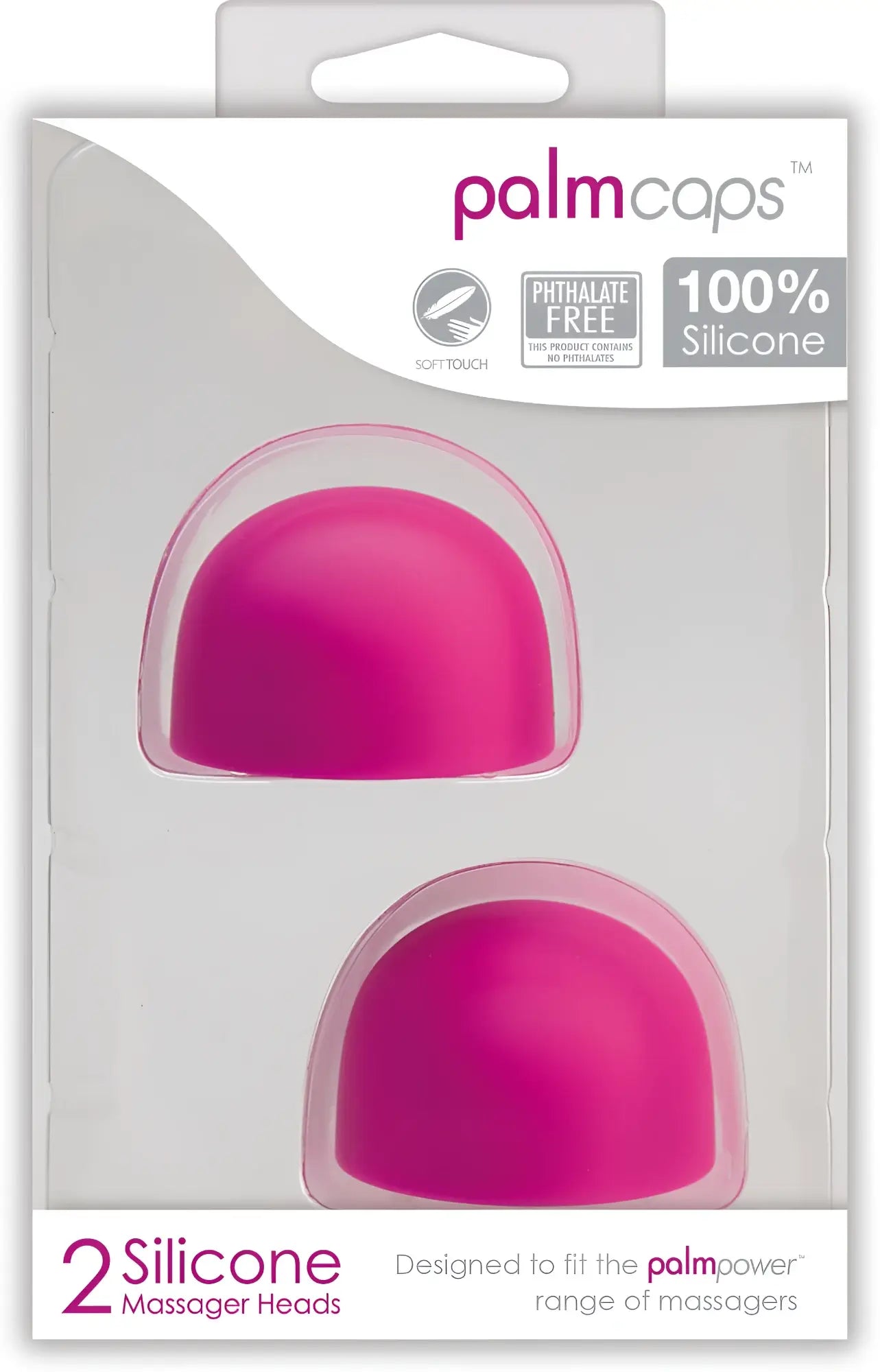 Bright pink silicone palm massager caps in clear plastic package for use with PalmPower PalmCaps