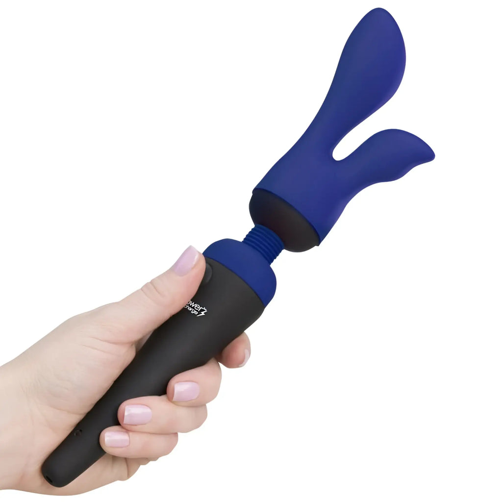 Blue and black powereve wand-style vibrator with curved dual-headed design for use with palmpower palmSensual massager heads