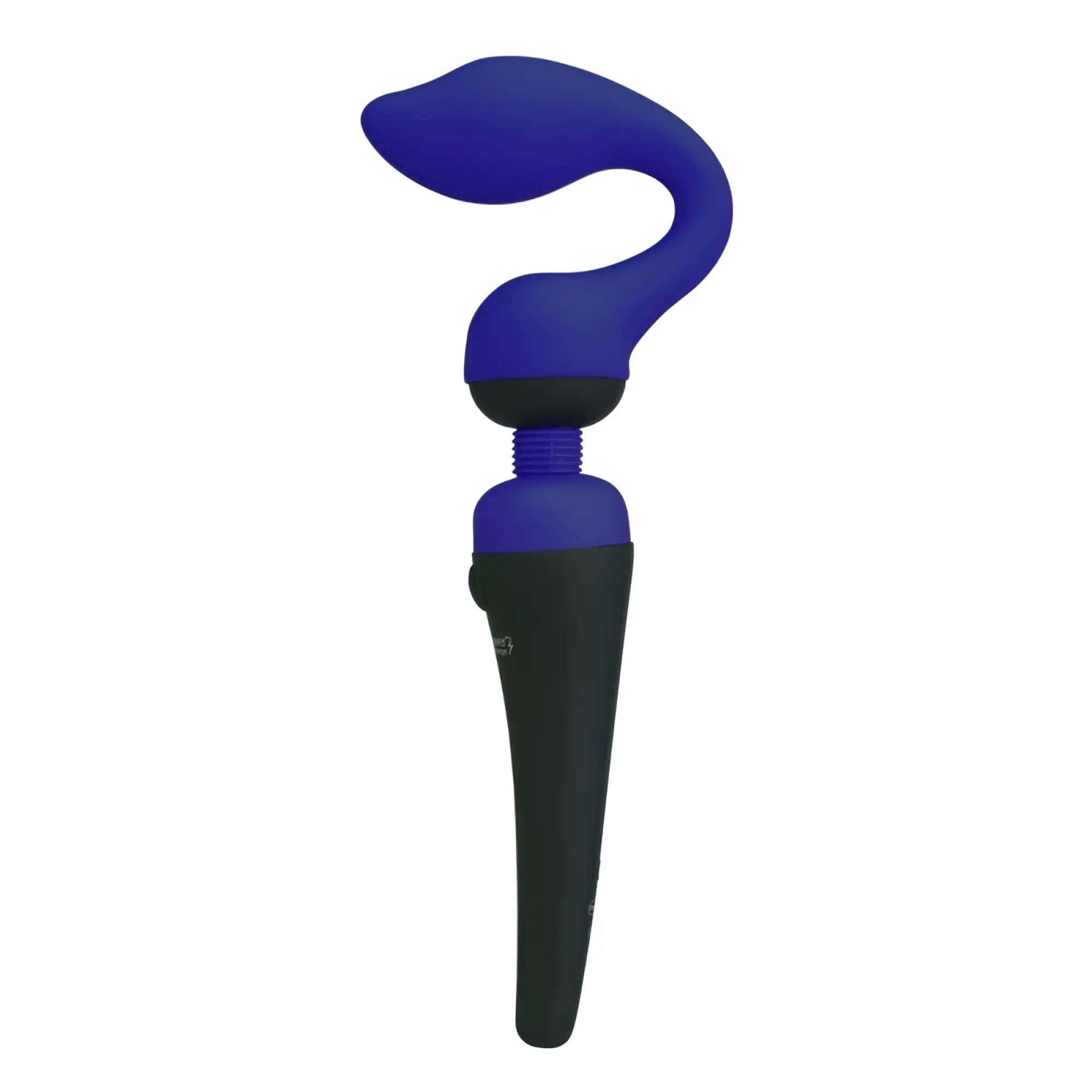 Blue and black silicone vibratory wand with curved ergonomic head for use with palmpower palmsensual massager heads