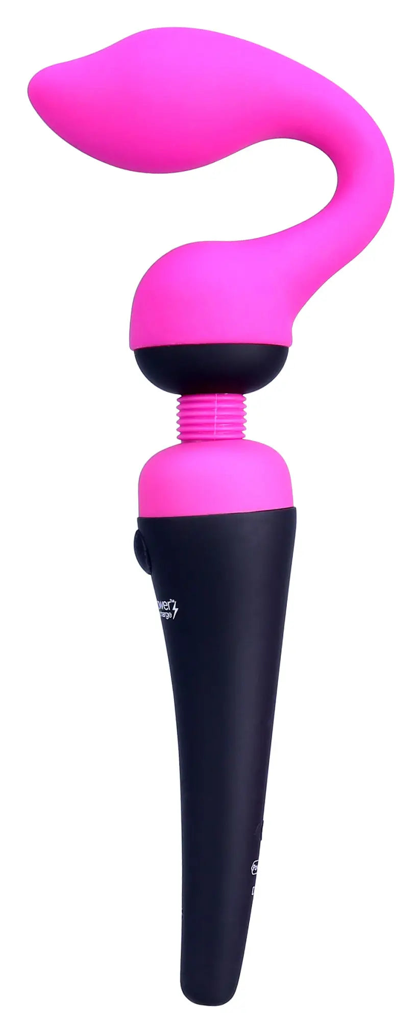 Pink and black silicone vibratory wand with curved ergonomic design for use with palmpower palmsensual massager heads