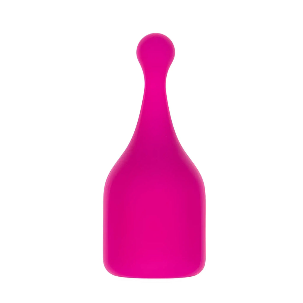 Vibrant pink silicone bottle-shaped massage head with smooth contours and tapered neck in palm power pocket set