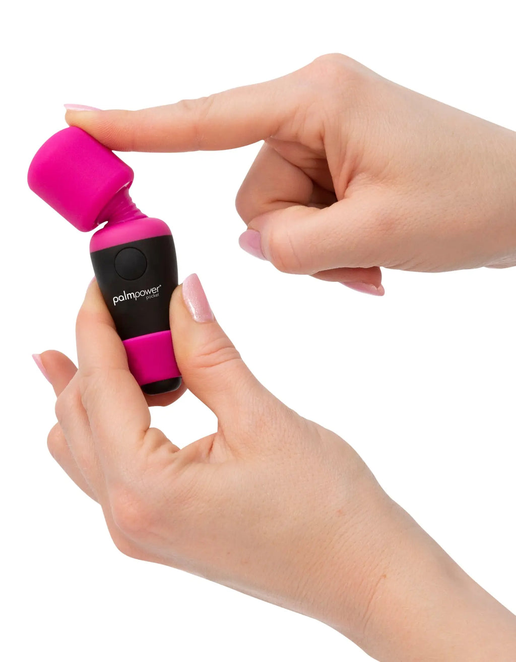 Pink and black palmpower pocket massage wand with rounded silicone head personal massager for targeted relief