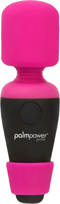 Pink and black palmpower pocket massage wand with rounded ergonomic design and vibratory feature
