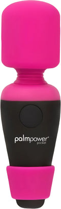 Pink and black palmpower pocket massage wand with rounded ergonomic design and vibratory feature