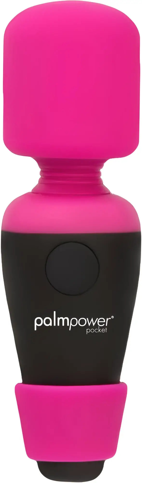 Pink and black palmpower pocket massage wand with rounded ergonomic design and vibratory feature