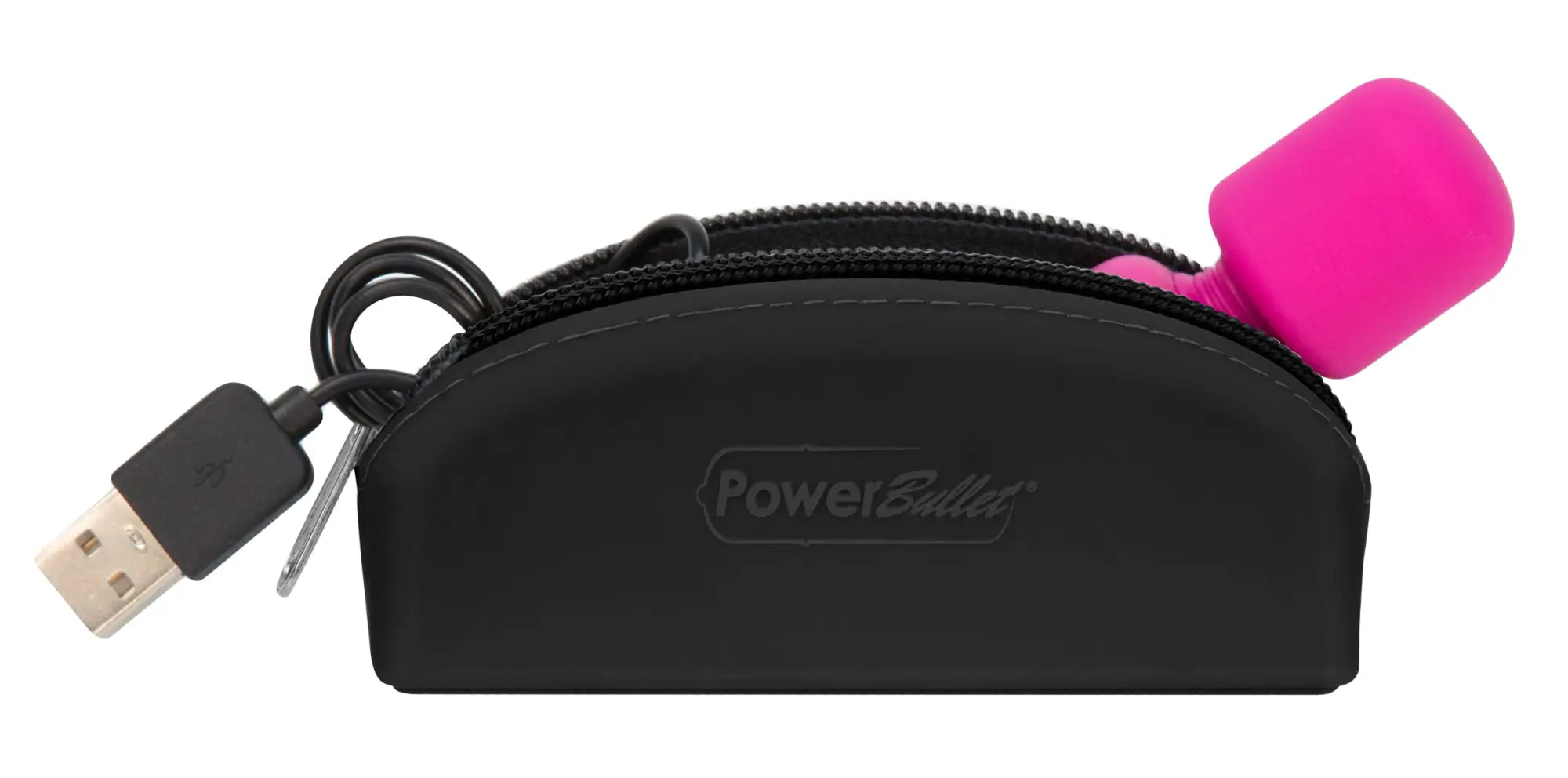 Pink silicone PalmPower pocket massage wand with black USB charging cable and carrying case for portable use