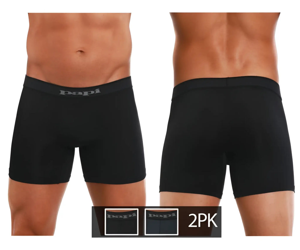 Black papi brand boxer briefs in black with a subtle gray logo on the waistband from the papi 626185-962 cool2 2pk collection