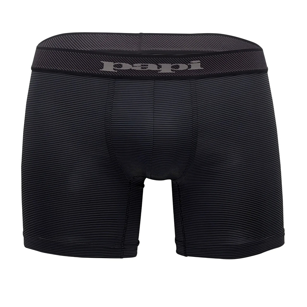 Black papi boxer briefs with subtle striped texture and elastic waistband in black and gray color solid fabric