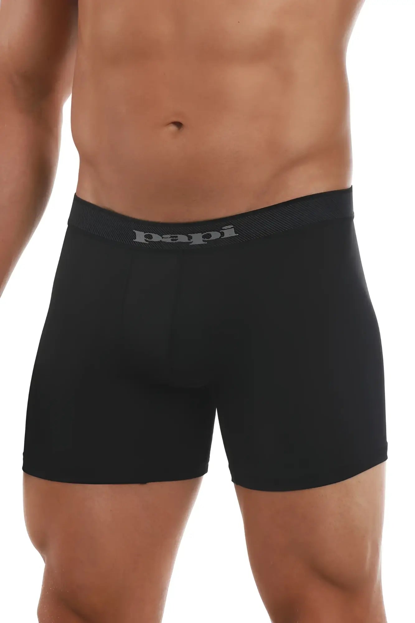 Black papi boxer briefs with textured gray papi logo waistband in cool2 solid black-gray 2pk design