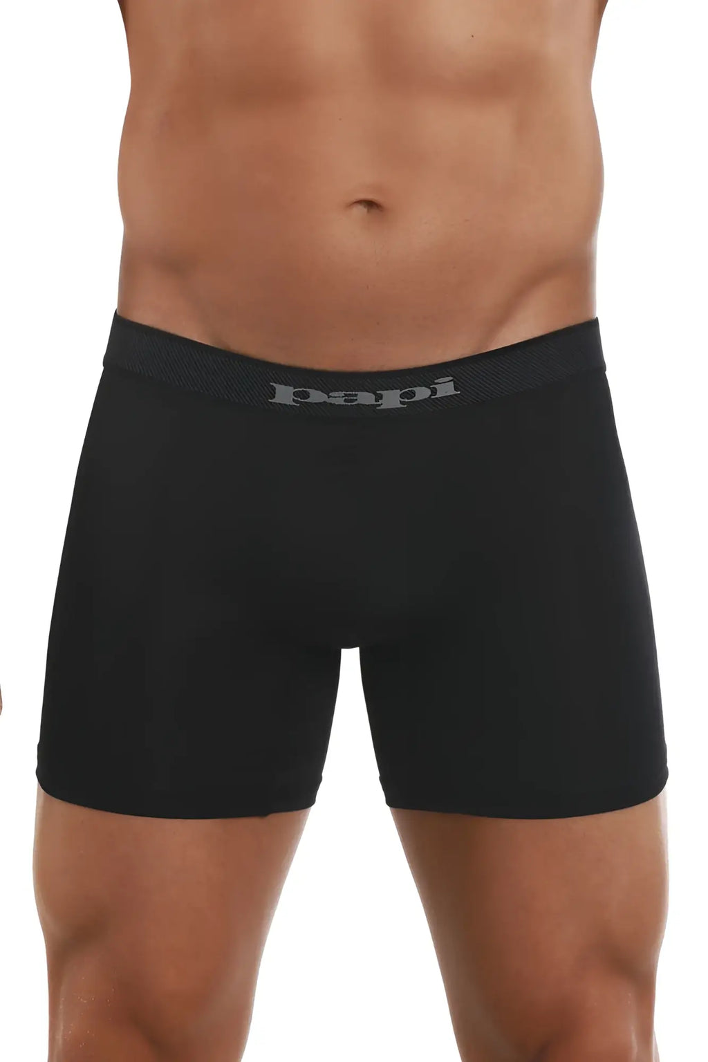 Black papi boxer briefs with textured gray waistband featuring papi logo in cool2 2pk solid design black gray color