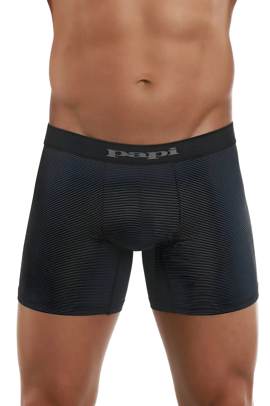 Black papi cool2 2pk solid boxer briefs in black and gray with textured ribbed fabric and matching elastic waistband