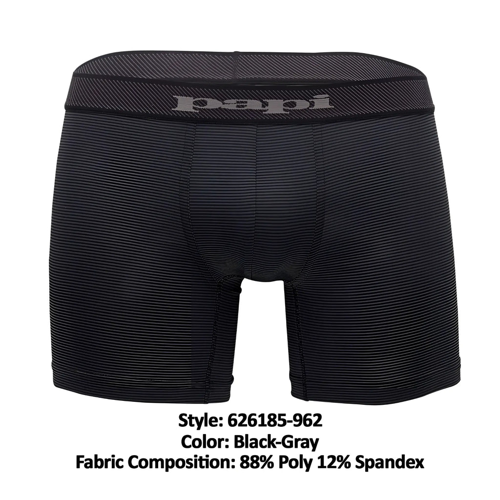 Black-gray striped boxer briefs with textured waistband featuring papi logo in cool2 2pk solid style