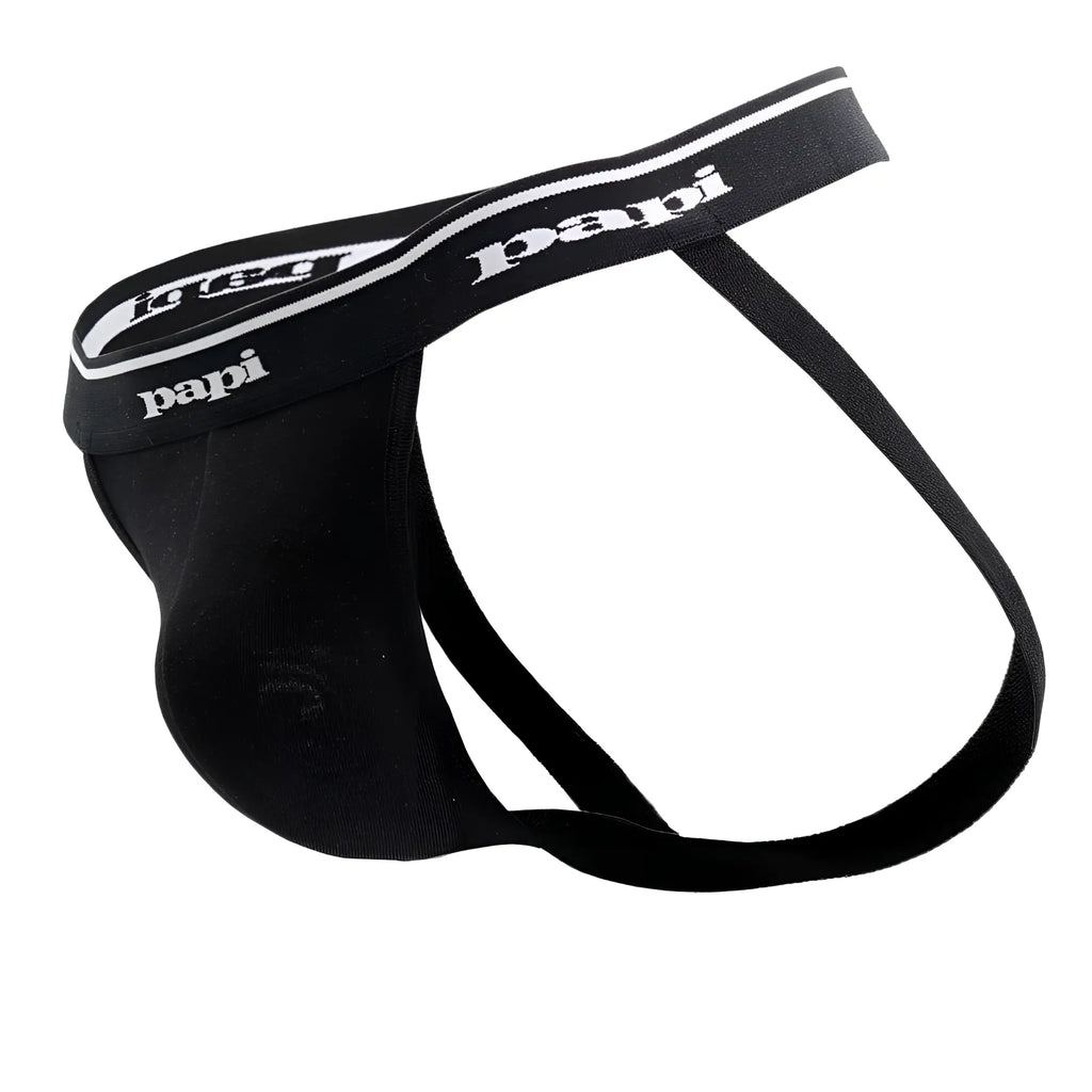 Black papi thong made of stretchy fabric with white logo trim from papi 705910-999 3pk 1x1 rib jockstrap collection