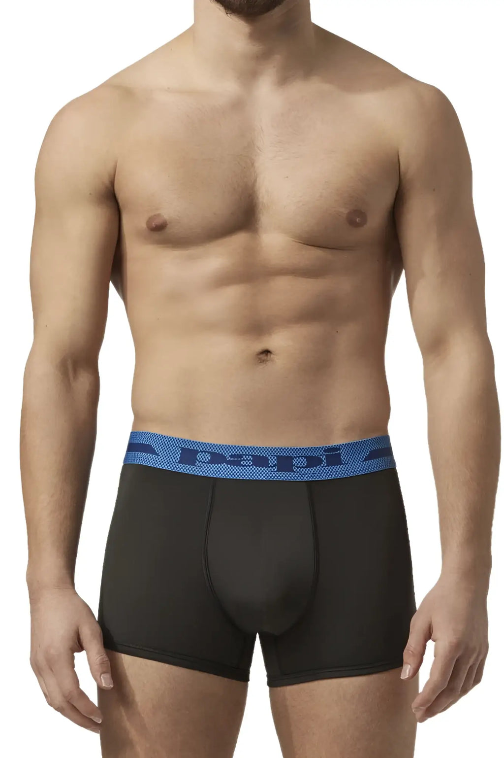 Black briefs with blue elastic waistband featuring papi logo microflex brazilian trunks color alloy black