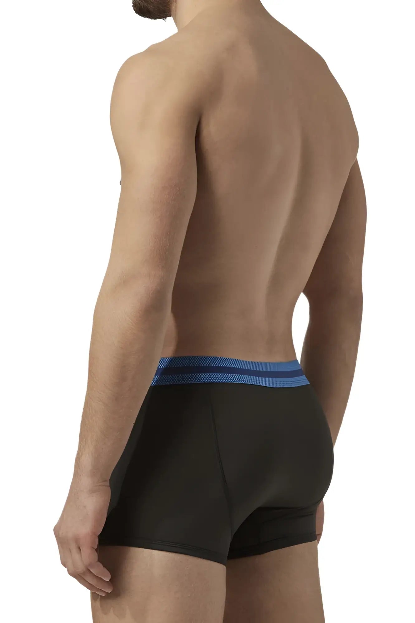 Black boxer briefs with a blue textured waistband from papi umpa080 2pk microflex brazilian trunks alloy black