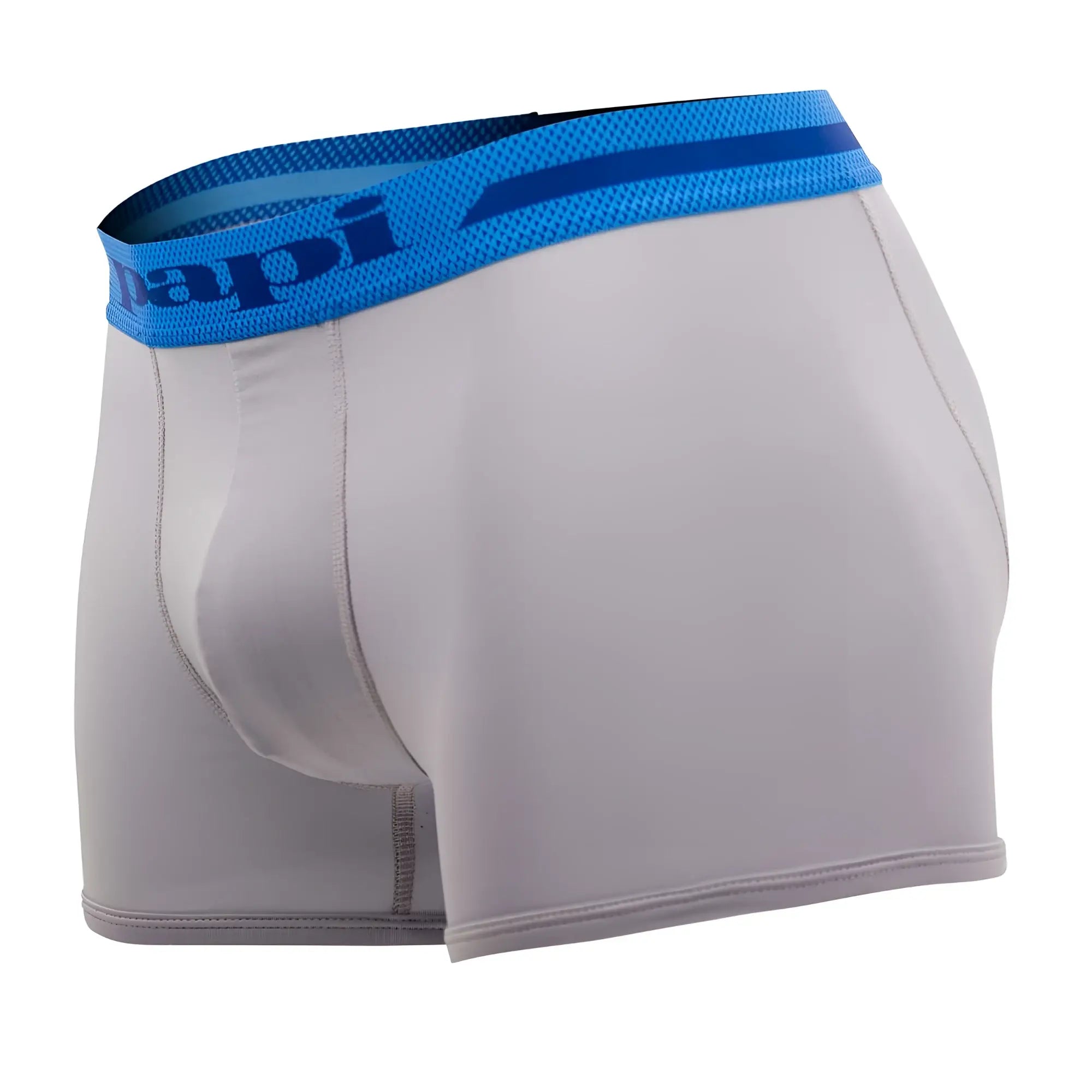 Gray microflex brazilian trunks with blue elastic waistband and papi brand logo in alloy-black color