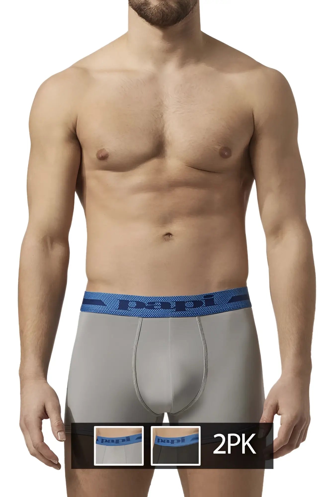 Gray papi microflex boxer briefs with blue elastic waistband and papi logo in alloy black color front view