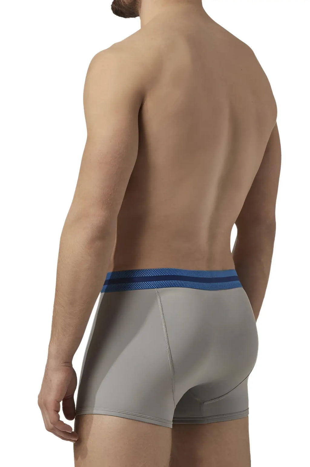 Gray men’s boxer briefs with blue mesh waistband in papi umpa080 2pk microflex brazilian trunks alloy black