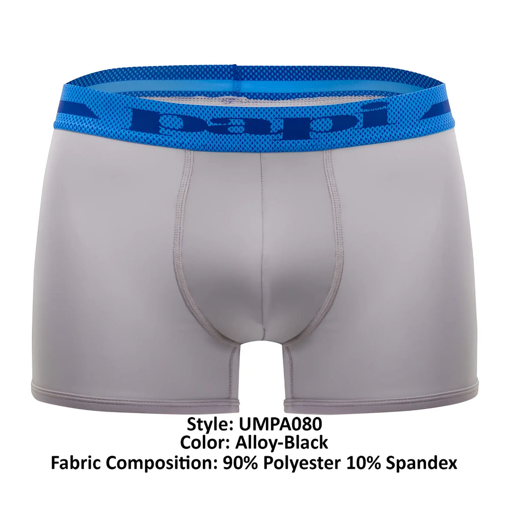 Alloy-black men’s boxer briefs with blue mesh waistband featuring papi brand logo microflex brazilian trunks
