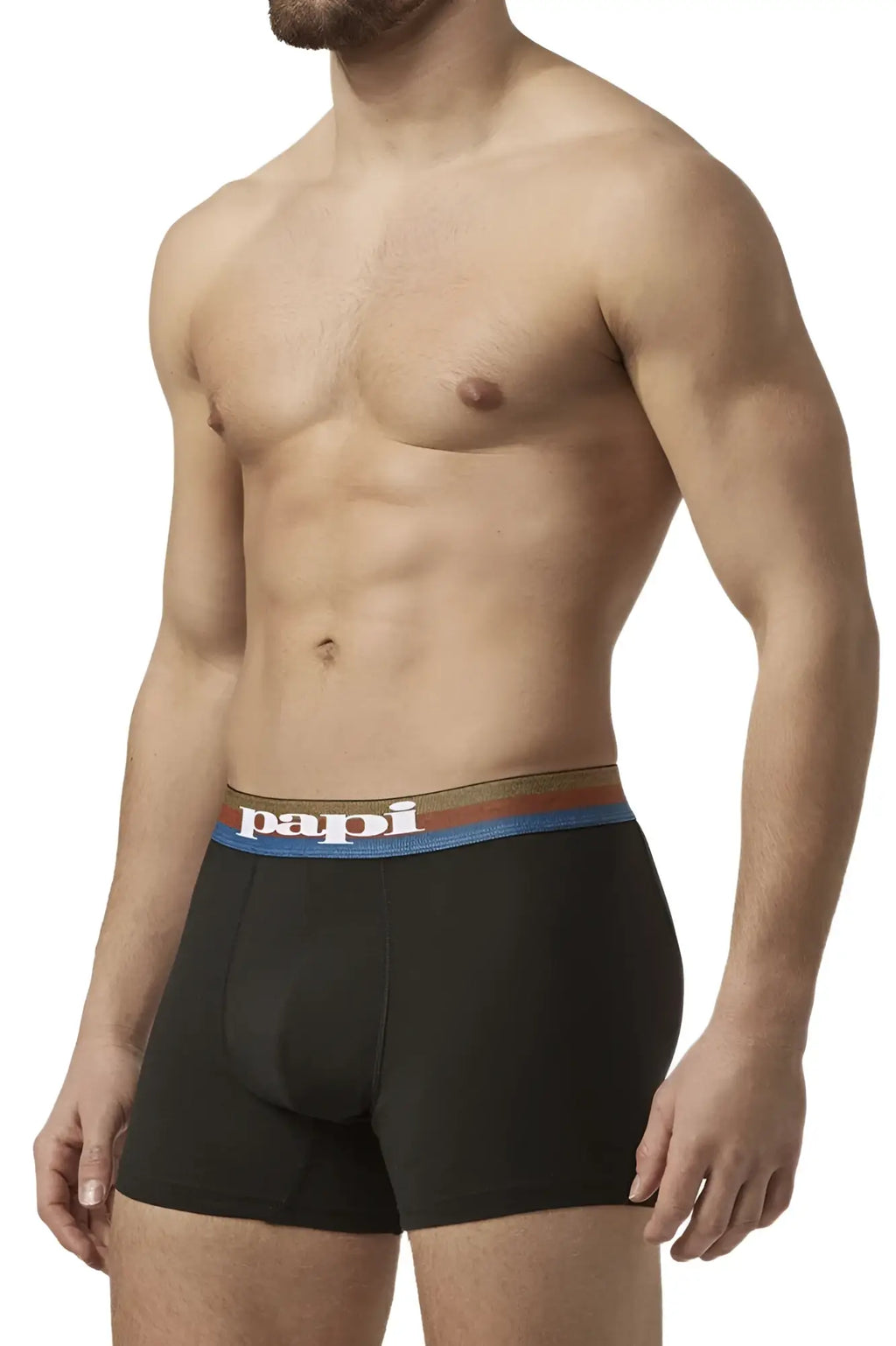 Papi umpa088 2pk microflex brazilian boxer briefs in blue black with colorful striped waistband and white papi logo