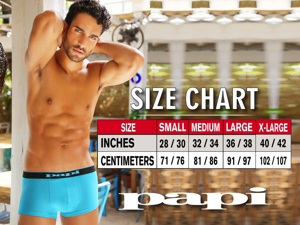 Bright blue papi microflex brazilian boxer briefs with black elastic waistband and papi logo front view
