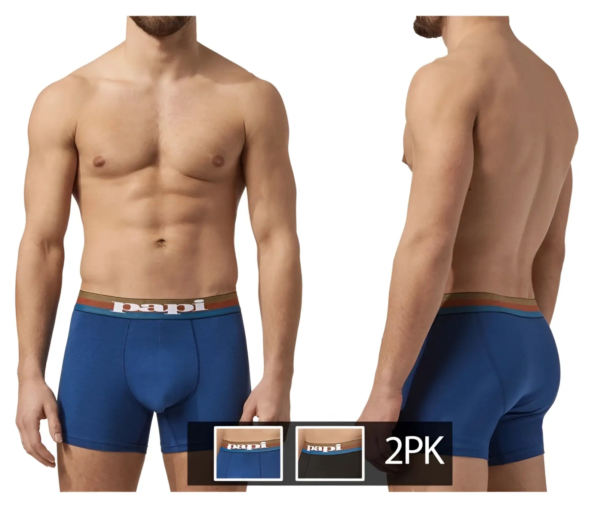 Blue papi microflex brazilian boxer briefs with brown waistband and white papi logo in blue and black colorway