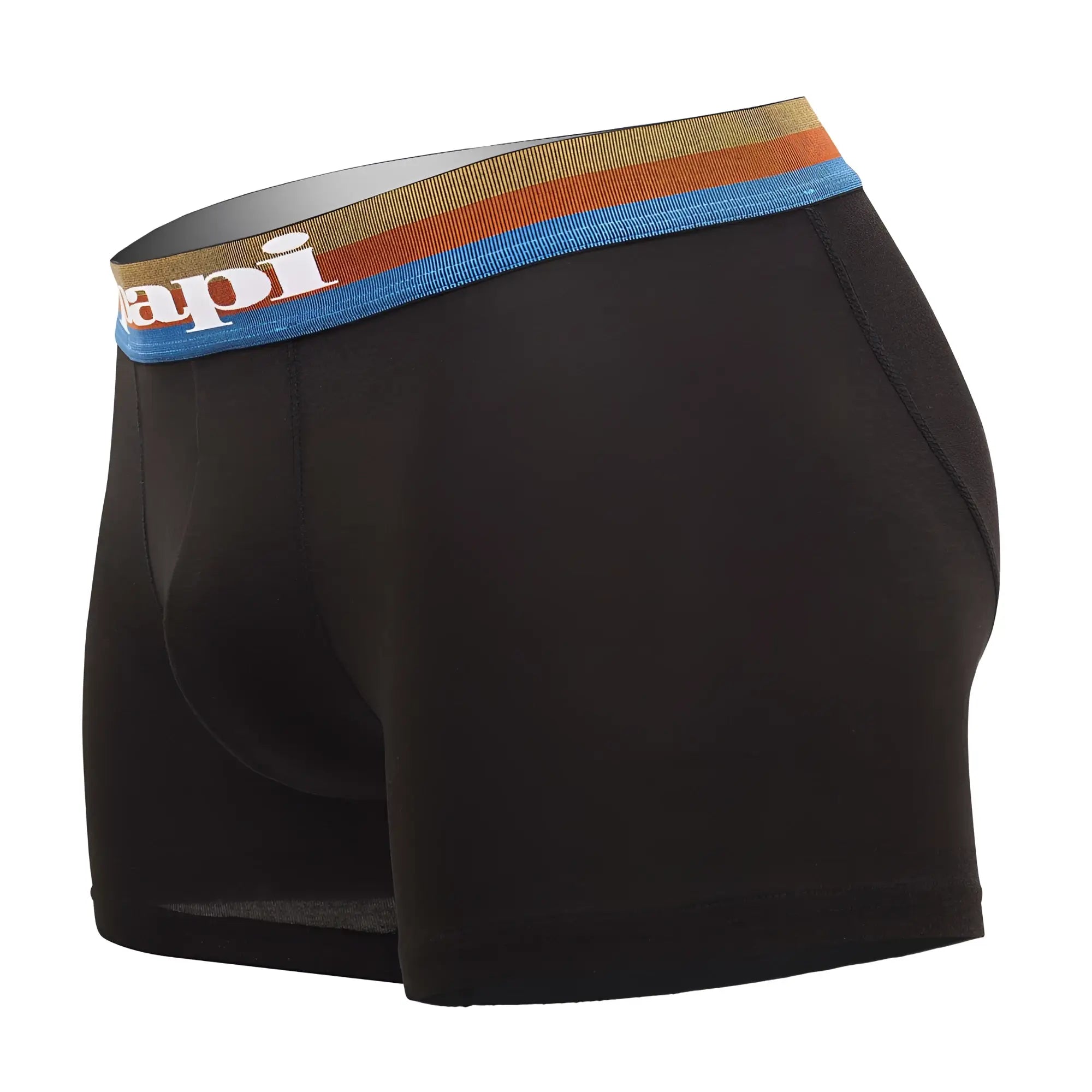 Black men’s microflex boxer briefs in blue-black with colorful striped waistband and white api logo for comfort and style