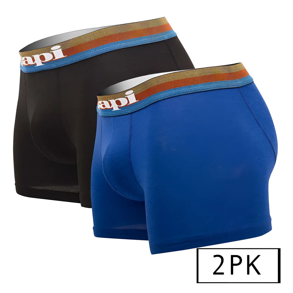 A pair of papi microflex brazilian boxer briefs in black and royal blue with striped elastic waistband and logo